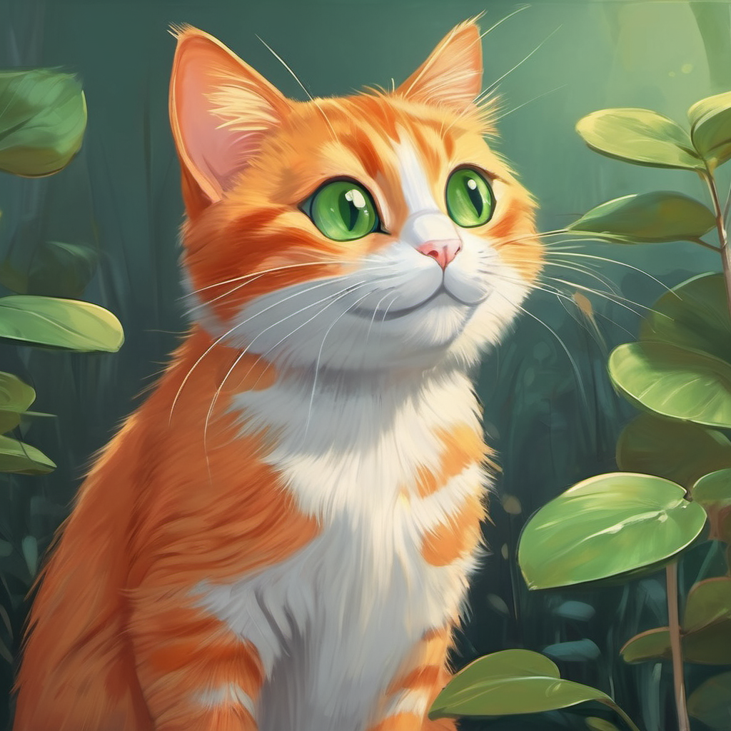 friendly orange cat with green eyes and tiny gray mouse with round ears together, happy and safe