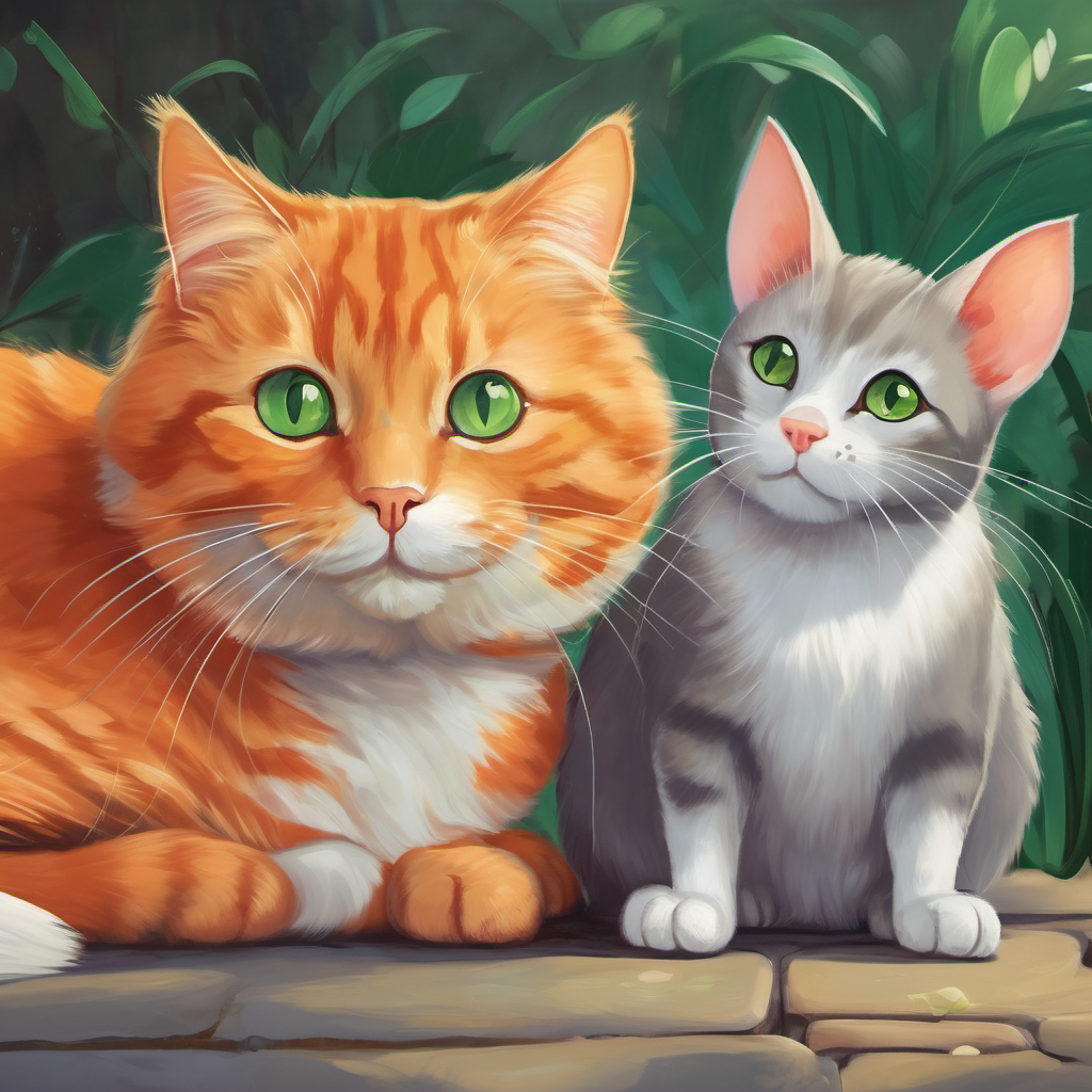 friendly orange cat with green eyes and tiny gray mouse with round ears living happily together