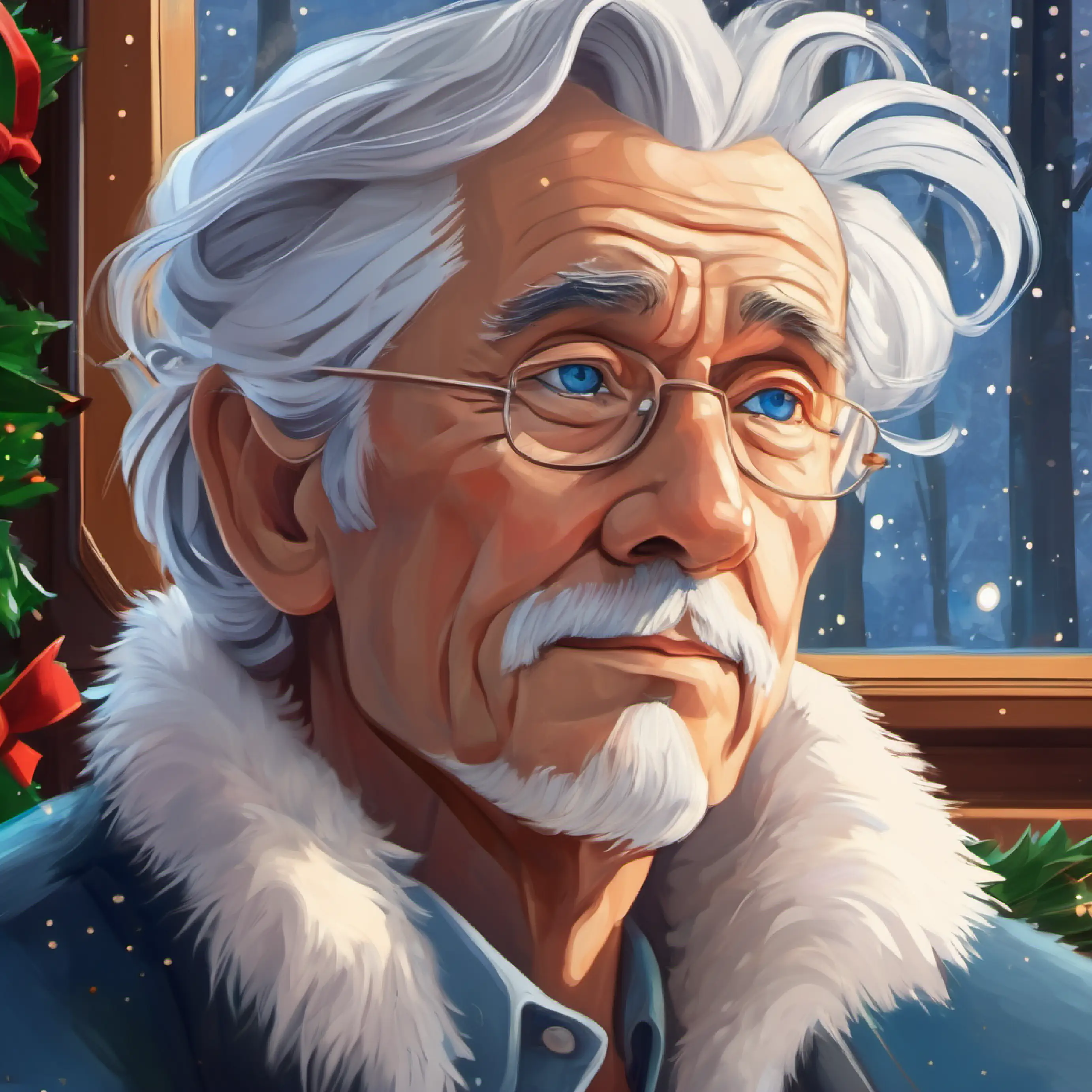 Older man, silver hair, piercing blue eyes, thoughtful expression's morning, reflecting on his past promises.