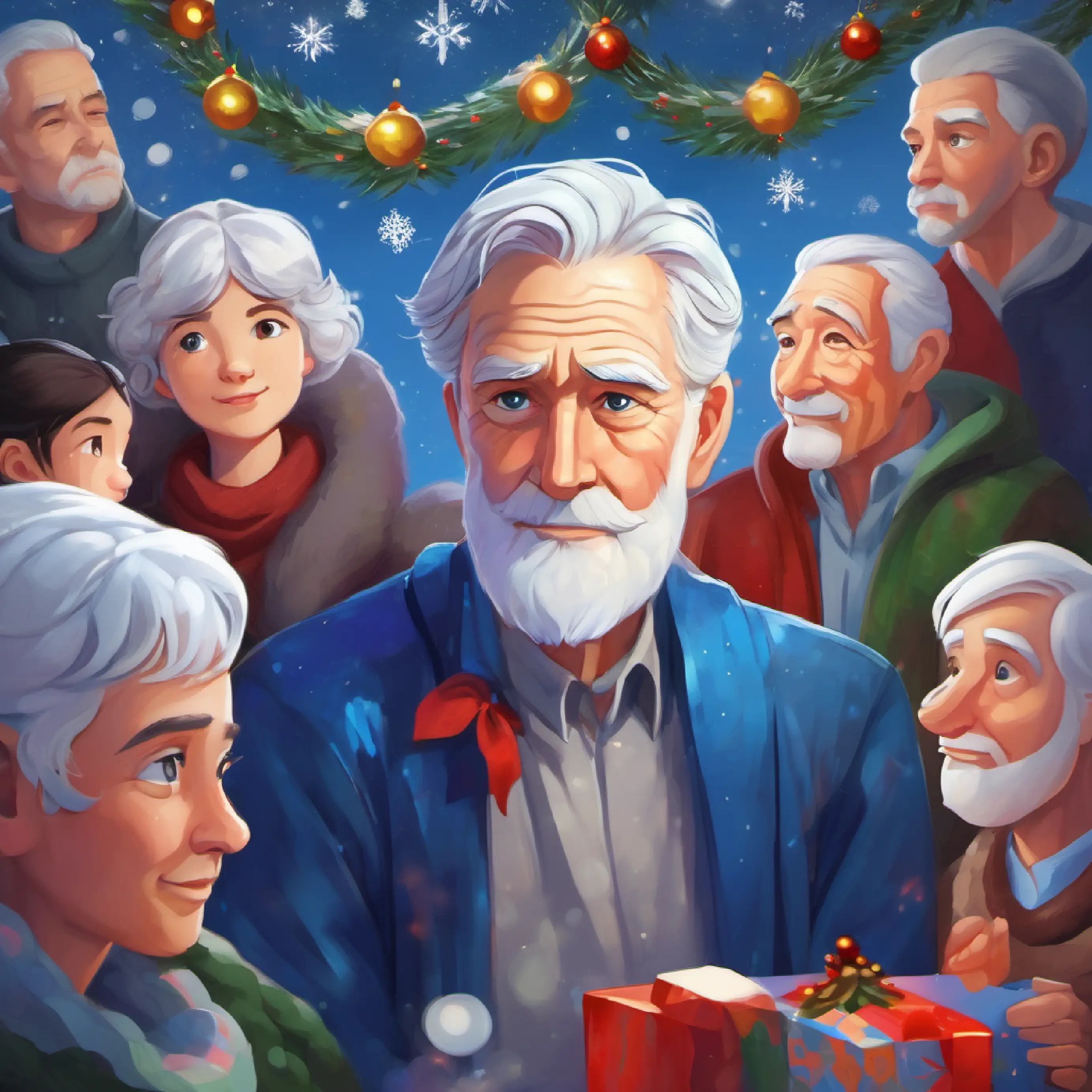 Older man, silver hair, piercing blue eyes, thoughtful expression's reflective moment, surrounded by loved ones.