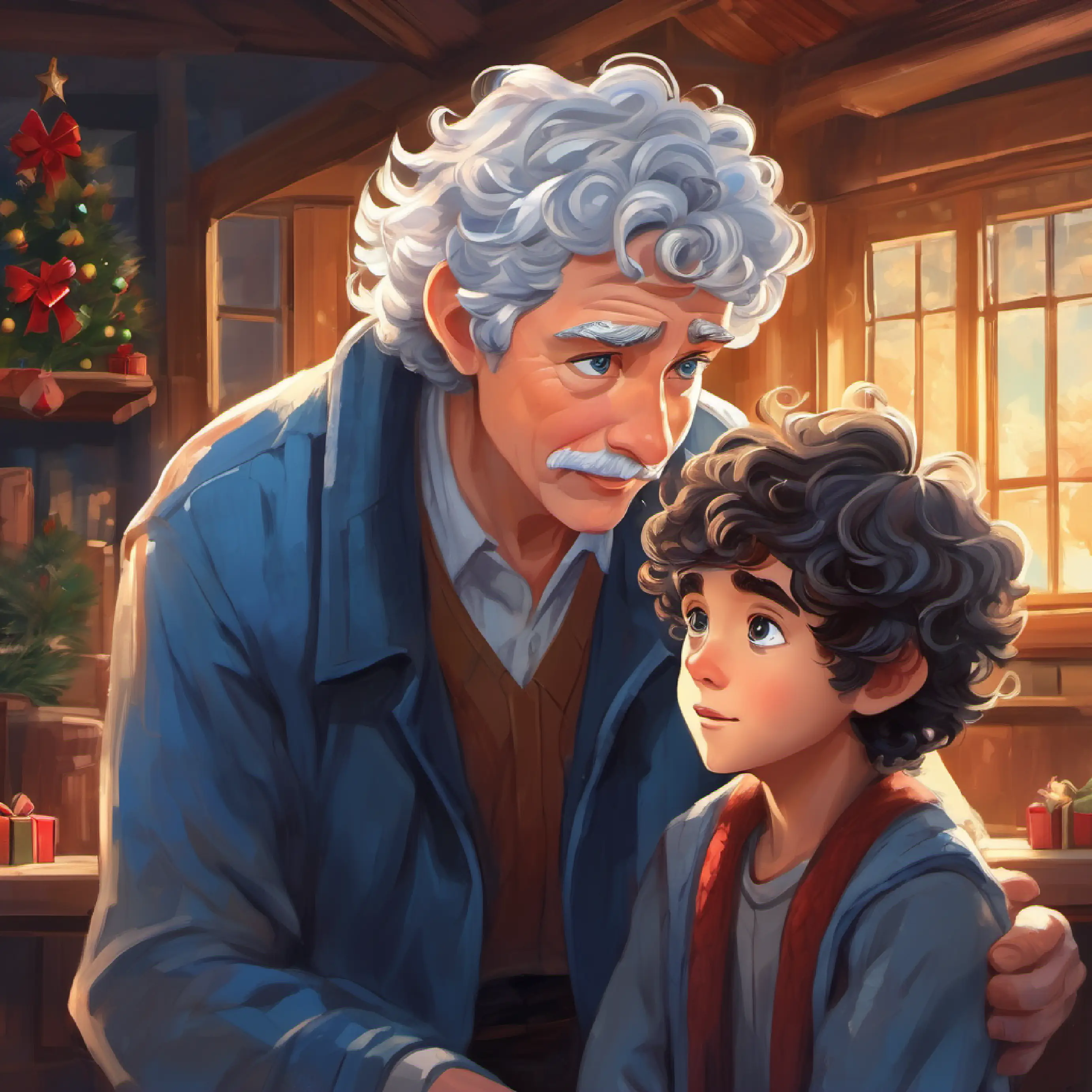 Young boy, dark curly hair, wide brown eyes, optimistic energy arrives, seeking help, conversation with Older man, silver hair, piercing blue eyes, thoughtful expression.