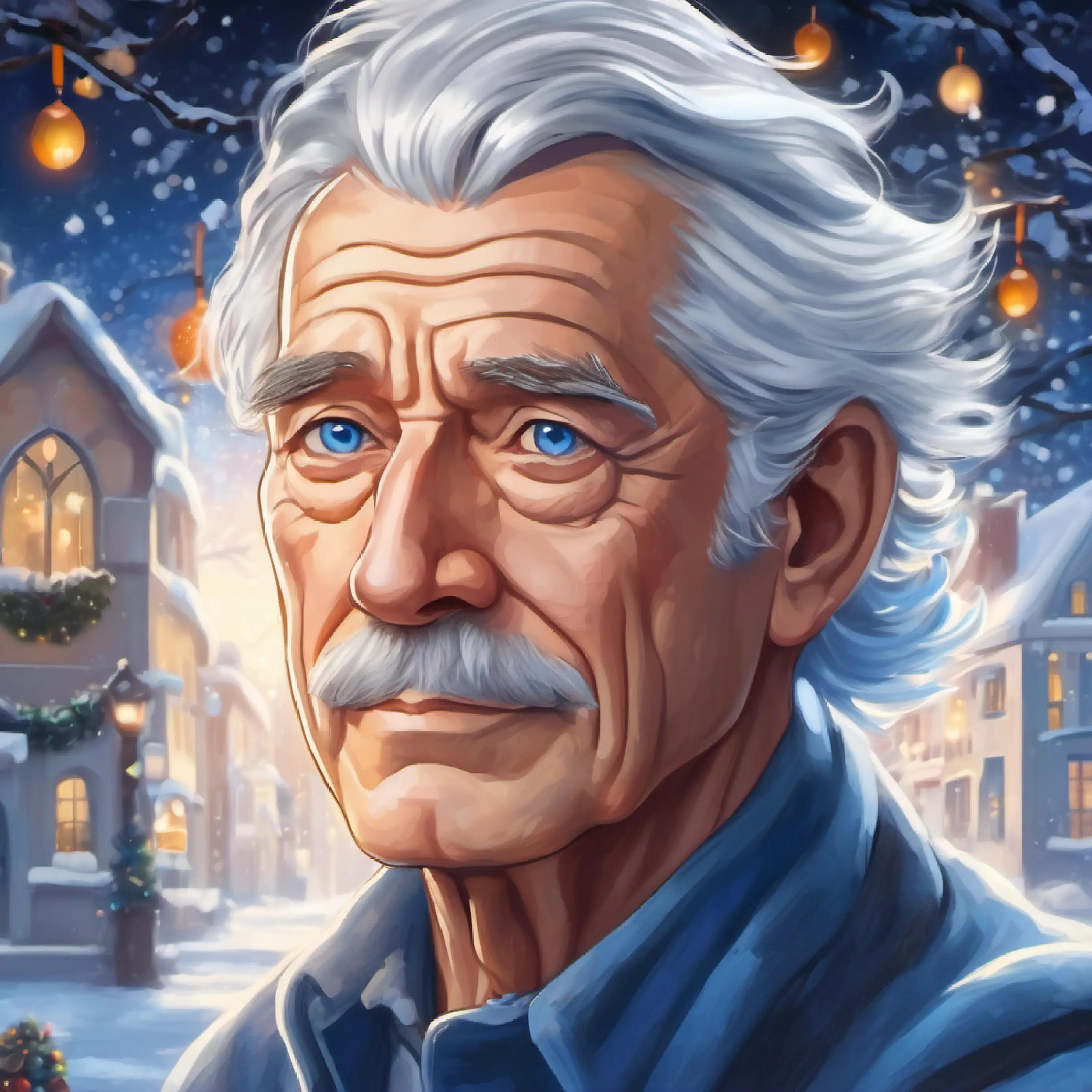 Older man, silver hair, piercing blue eyes, thoughtful expression's transformation, connecting with the community.