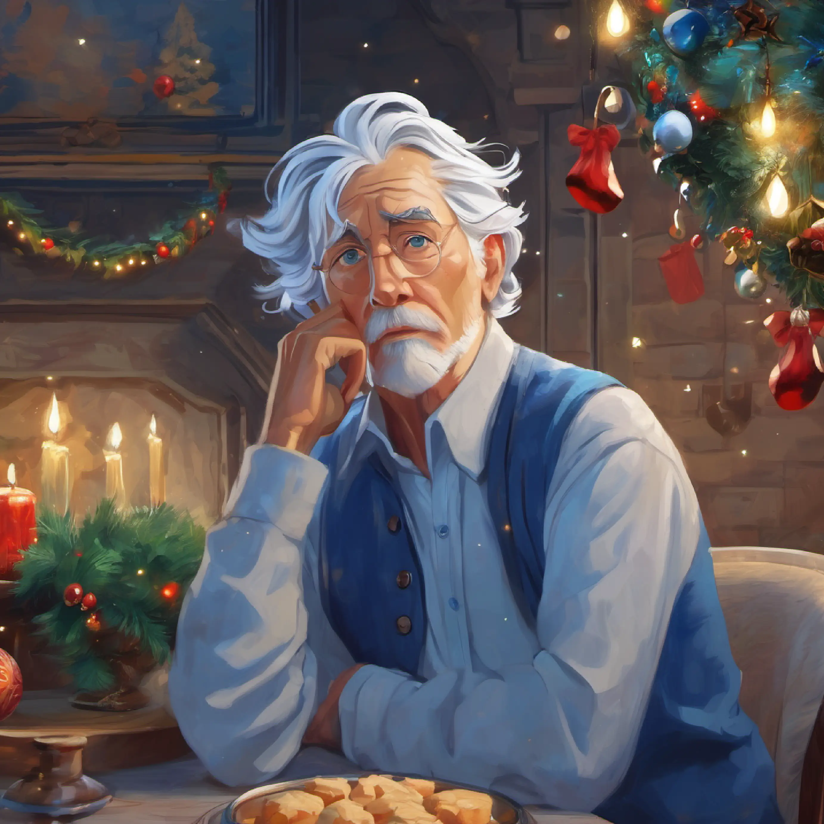 Ardentville's growth in spirit, Older man, silver hair, piercing blue eyes, thoughtful expression's realization.