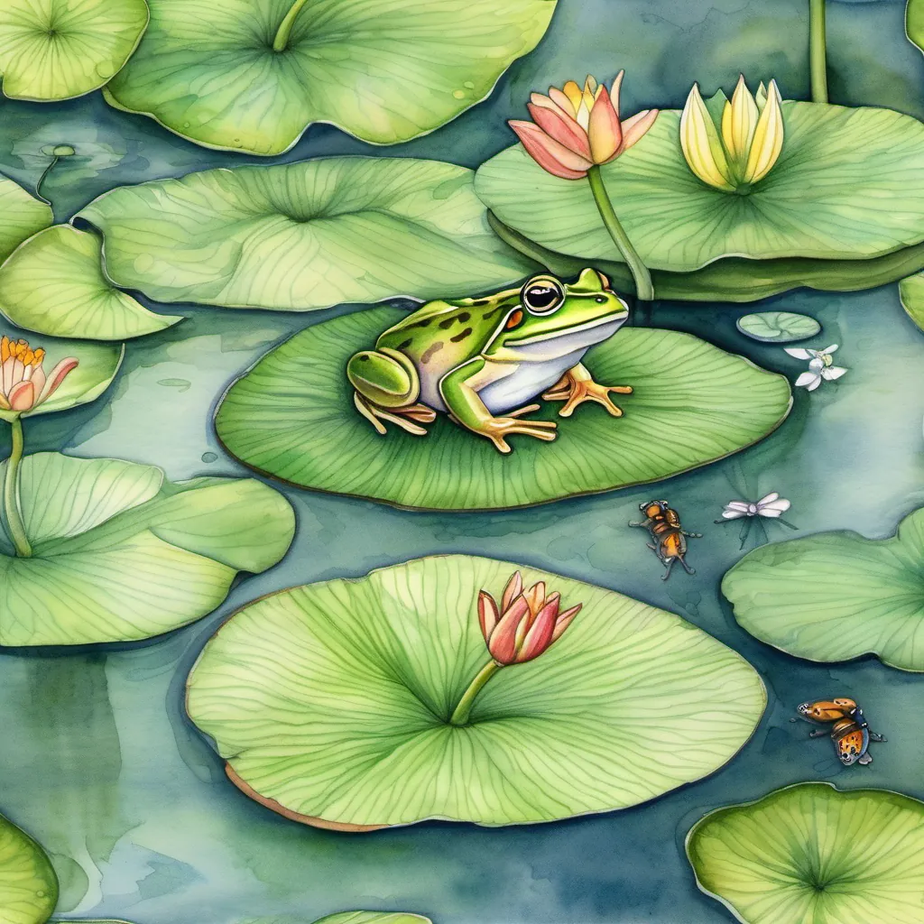 Whimsical frog on a lily pad in a serene pond, surrounded by friendly insects and gentle ripples.