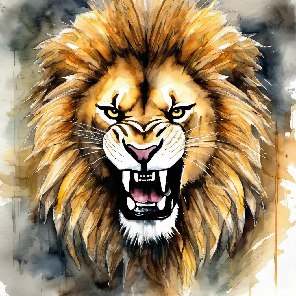 The A big and strong lion with golden fur and fierce eyes is trapped in a hunter's net. He looks scared and is roaring.