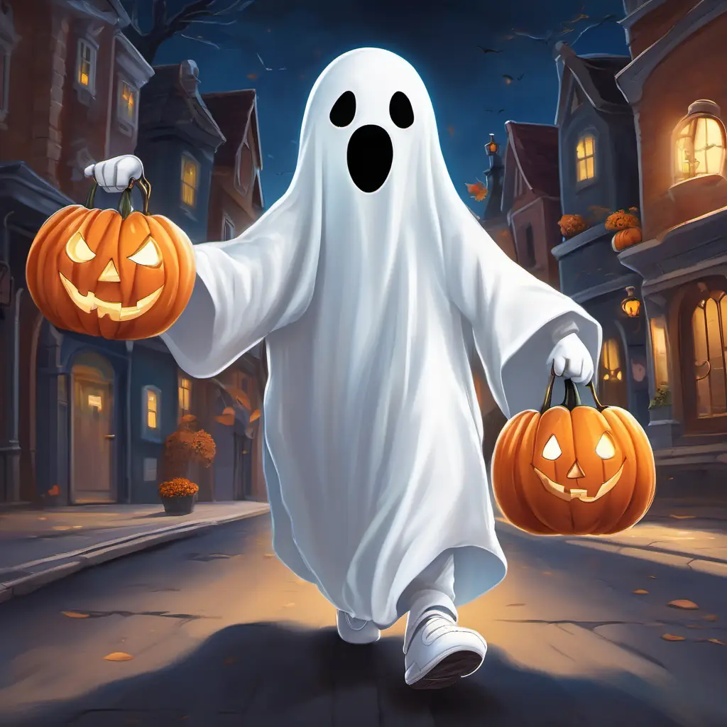In a small town, A little boy wearing a white ghost costume, excited and friendly is dressed as a white ghost and is walking down the street, ready to go trick-or-treating.