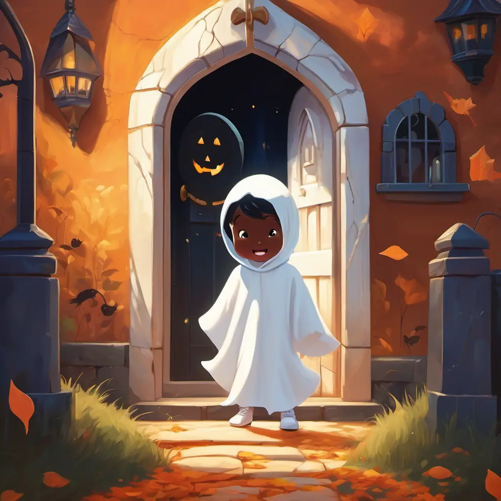 A little boy wearing a white ghost costume, excited and friendly is standing in front of a spooky house, with the door wide open and mysterious sounds coming from inside.