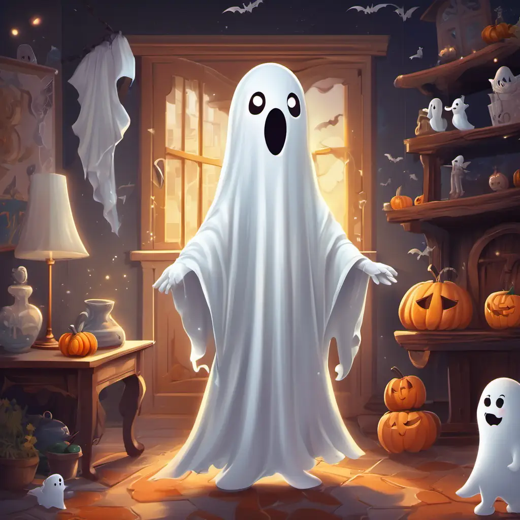 A little boy wearing a white ghost costume, excited and friendly and A friendly ghost with kind eyes and a mischievous smile, all in white color are standing in a room filled with cobwebs, bats, and Halloween decorations. A friendly ghost with kind eyes and a mischievous smile, all in white color is a white ghost with kind eyes and a mischievous smile.