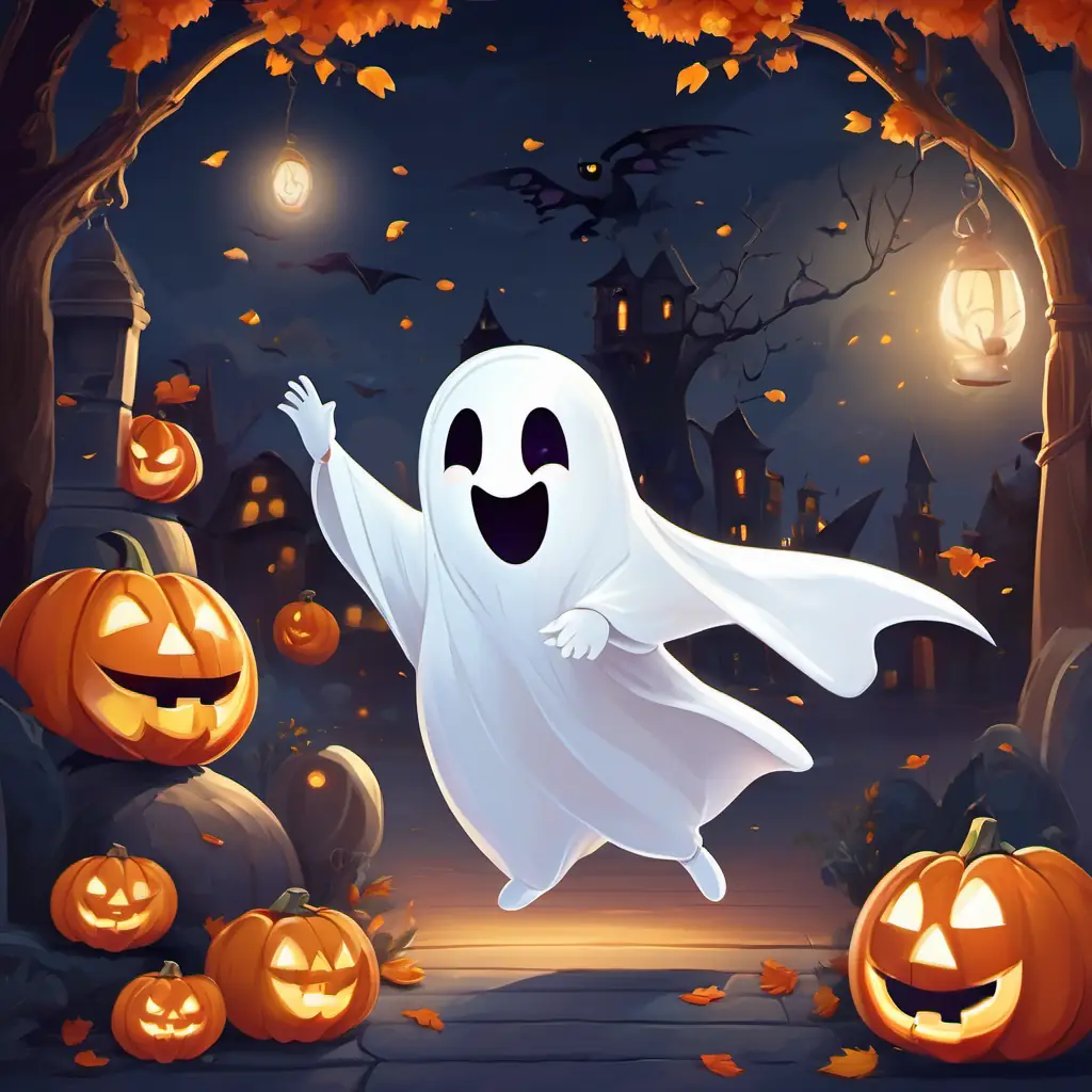 A little boy wearing a white ghost costume, excited and friendly and A friendly ghost with kind eyes and a mischievous smile, all in white color are happily playing together, dancing and laughing. They are surrounded by Halloween decorations and enjoy each other's company.