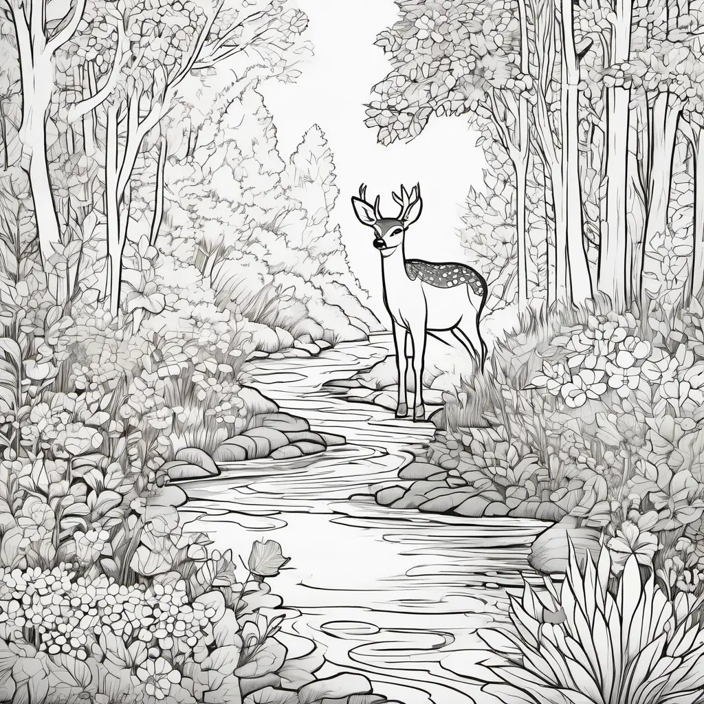 Discovery of a stream, colorful flowers, and a shy deer in the forest.