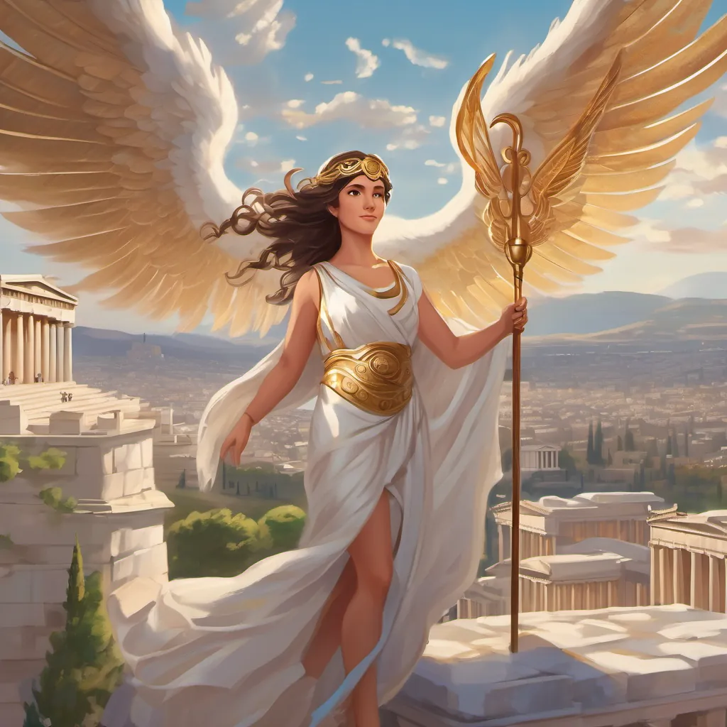 A beautiful Greek goddess with flowing robes, shimmering wings, holding a staff of magic flying gracefully above the Parthenon with the ancient Greek cityscape below.