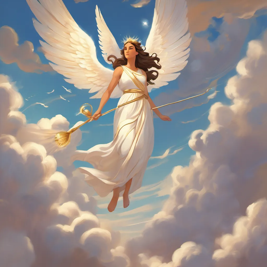 A beautiful Greek goddess with flowing robes, shimmering wings, holding a staff of magic with shimmering wings flying through fluffy white clouds against a blue sky.
