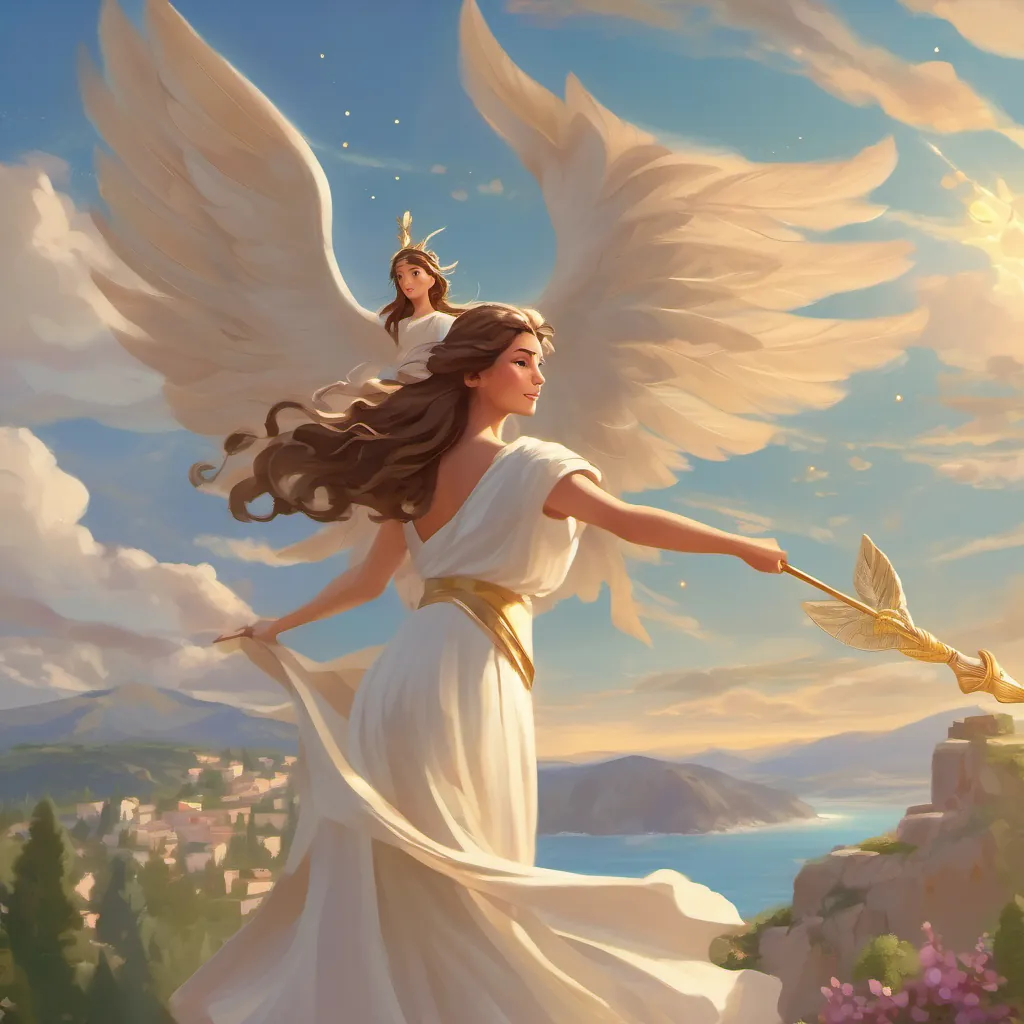 A beautiful Greek goddess with flowing robes, shimmering wings, holding a staff of magic twirling and taking off into the sky, leaving the children looking up in amazement.