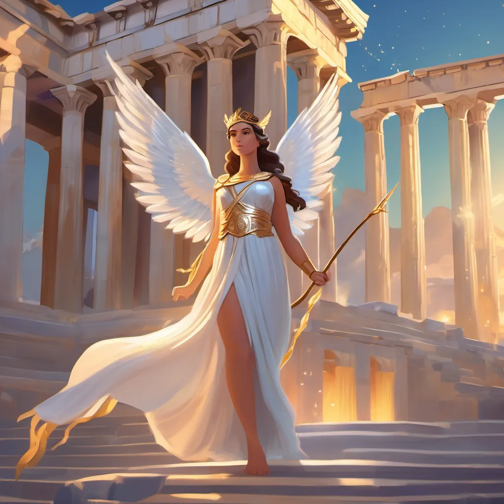 A beautiful Greek goddess with flowing robes, shimmering wings, holding a staff of magic flying above the Parthenon once more, the majestic ancient temple glowing with the evening light.