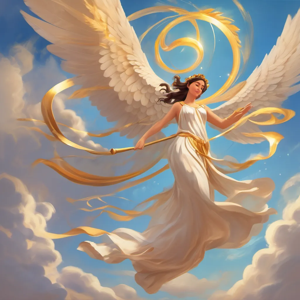 A beautiful Greek goddess with flowing robes, shimmering wings, holding a staff of magic performing acrobatic loops in the sky, with the wind swirling around her.