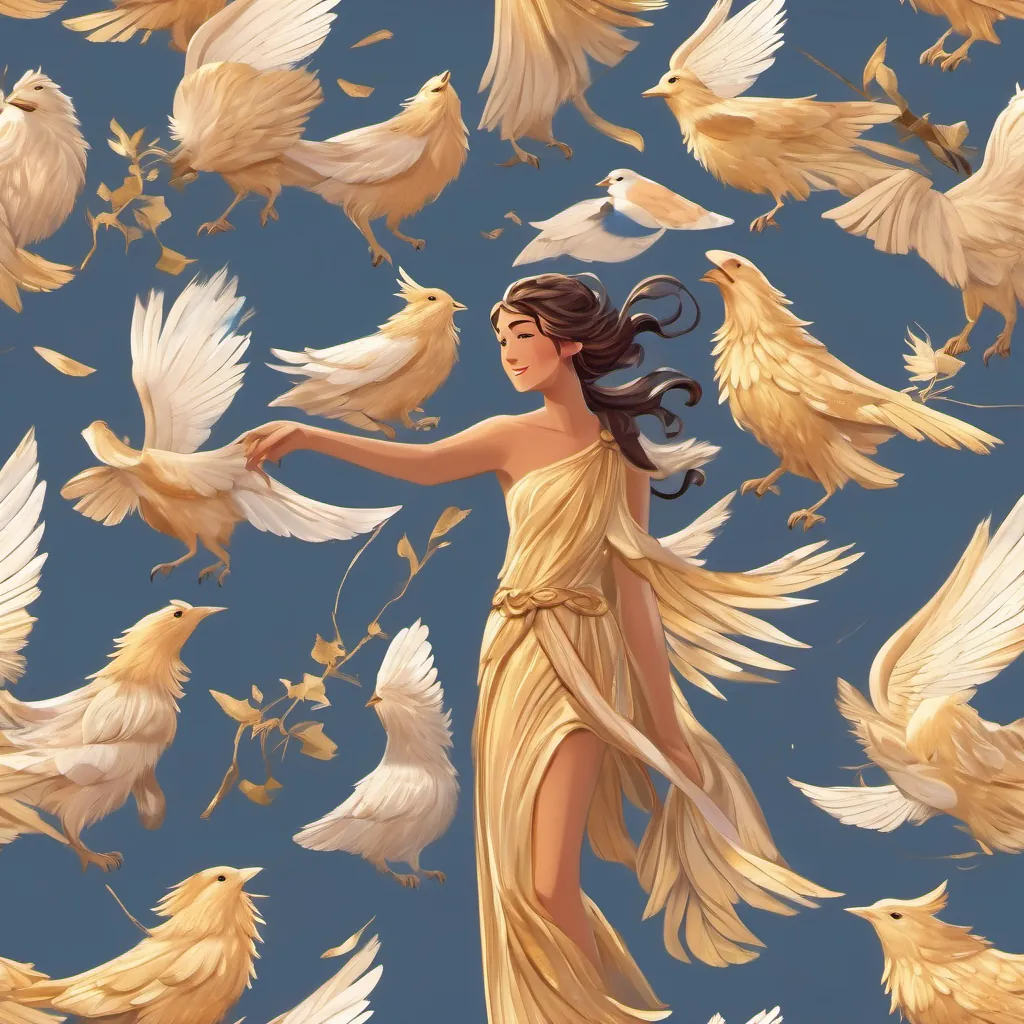 A beautiful Greek goddess with flowing robes, shimmering wings, holding a staff of magic laughing joyfully, animals like dogs and birds looking up curiously from the ground.