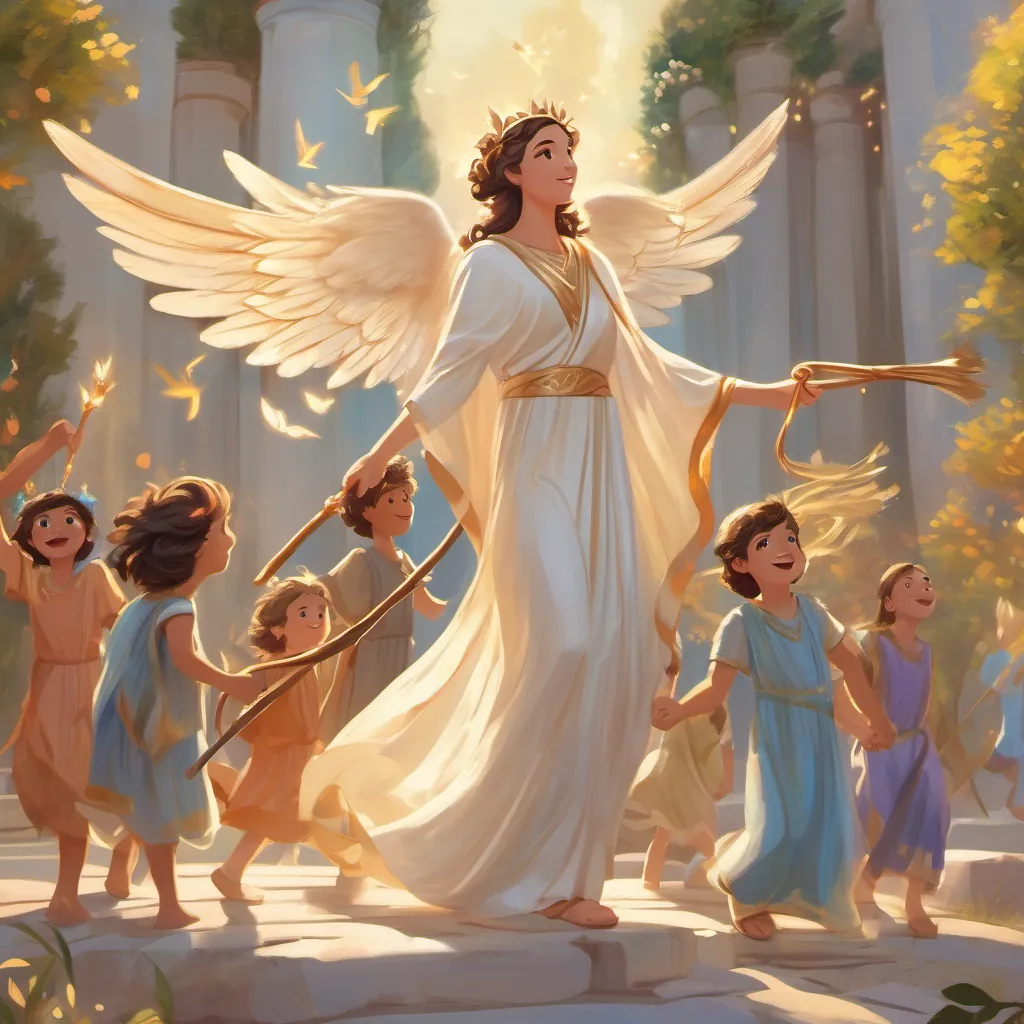 A beautiful Greek goddess with flowing robes, shimmering wings, holding a staff of magic noticing children on the ground who are waving and smiling up at her.