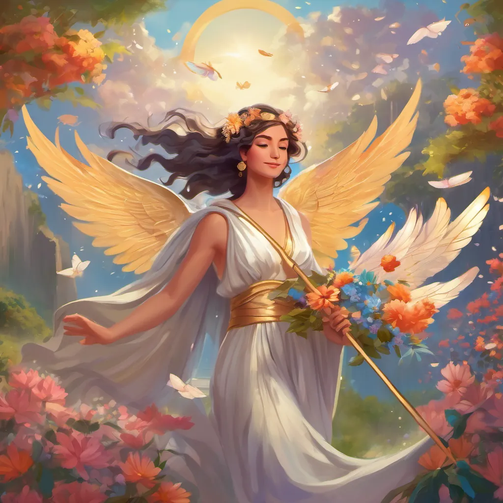 A beautiful Greek goddess with flowing robes, shimmering wings, holding a staff of magic landing gracefully, with flowers blooming in various colors around her.