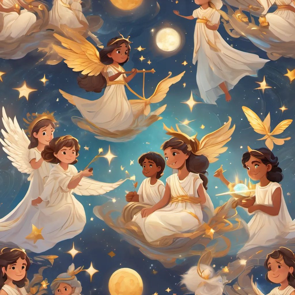 A beautiful Greek goddess with flowing robes, shimmering wings, holding a staff of magic sitting with children around her, storytelling about stars and planets.