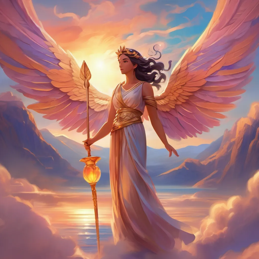 A beautiful Greek goddess with flowing robes, shimmering wings, holding a staff of magic using magic to create a beautiful, colorful sunset in the sky.