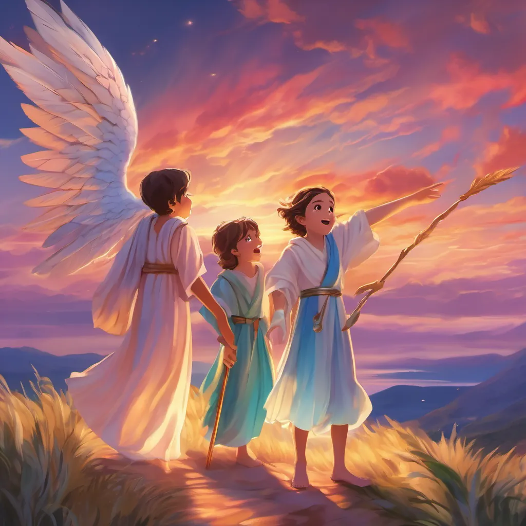 The children gasping in amazement at the colorful, glowing sky created by A beautiful Greek goddess with flowing robes, shimmering wings, holding a staff of magic.