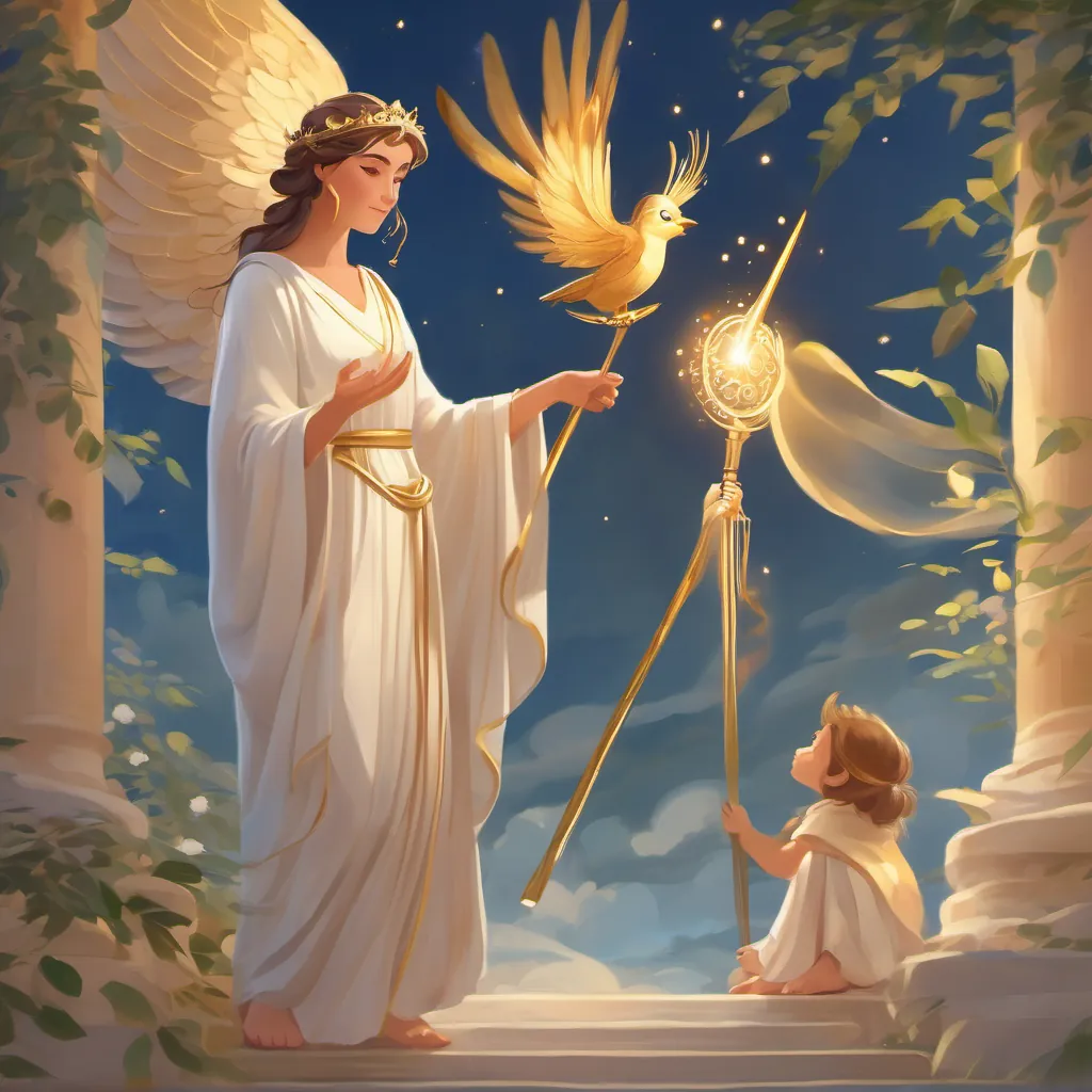 A beautiful Greek goddess with flowing robes, shimmering wings, holding a staff of magic whispering to the children with a wise and knowing expression.