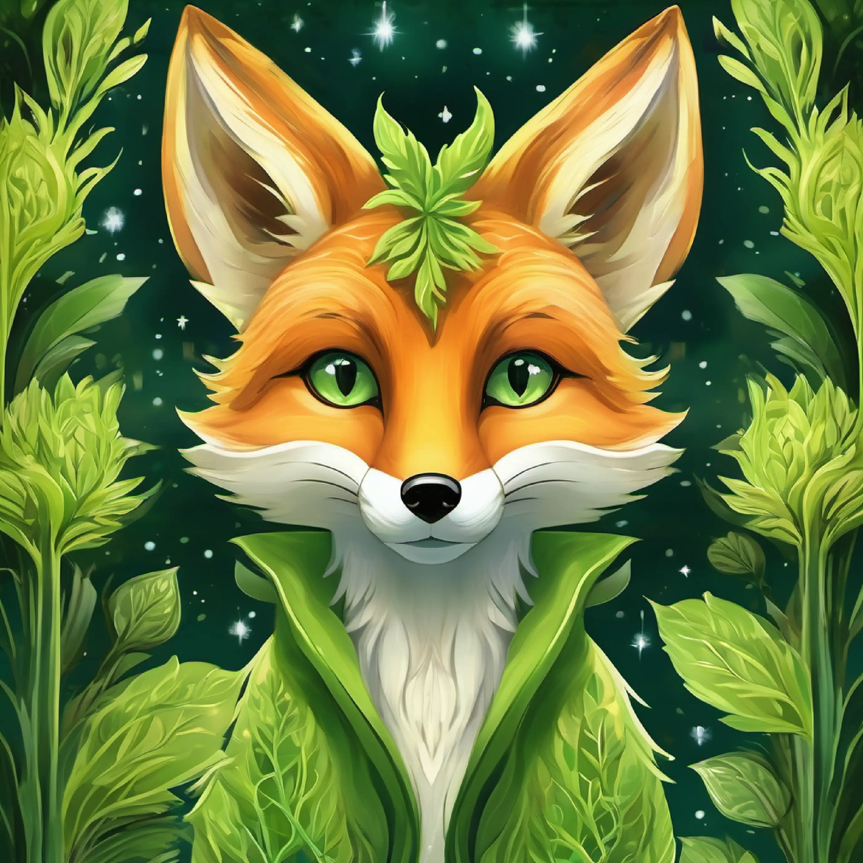 Green, leafy Fennel Fox, expressive eyes filled with introspection's epiphany, growth in self-esteem, as day turns to night