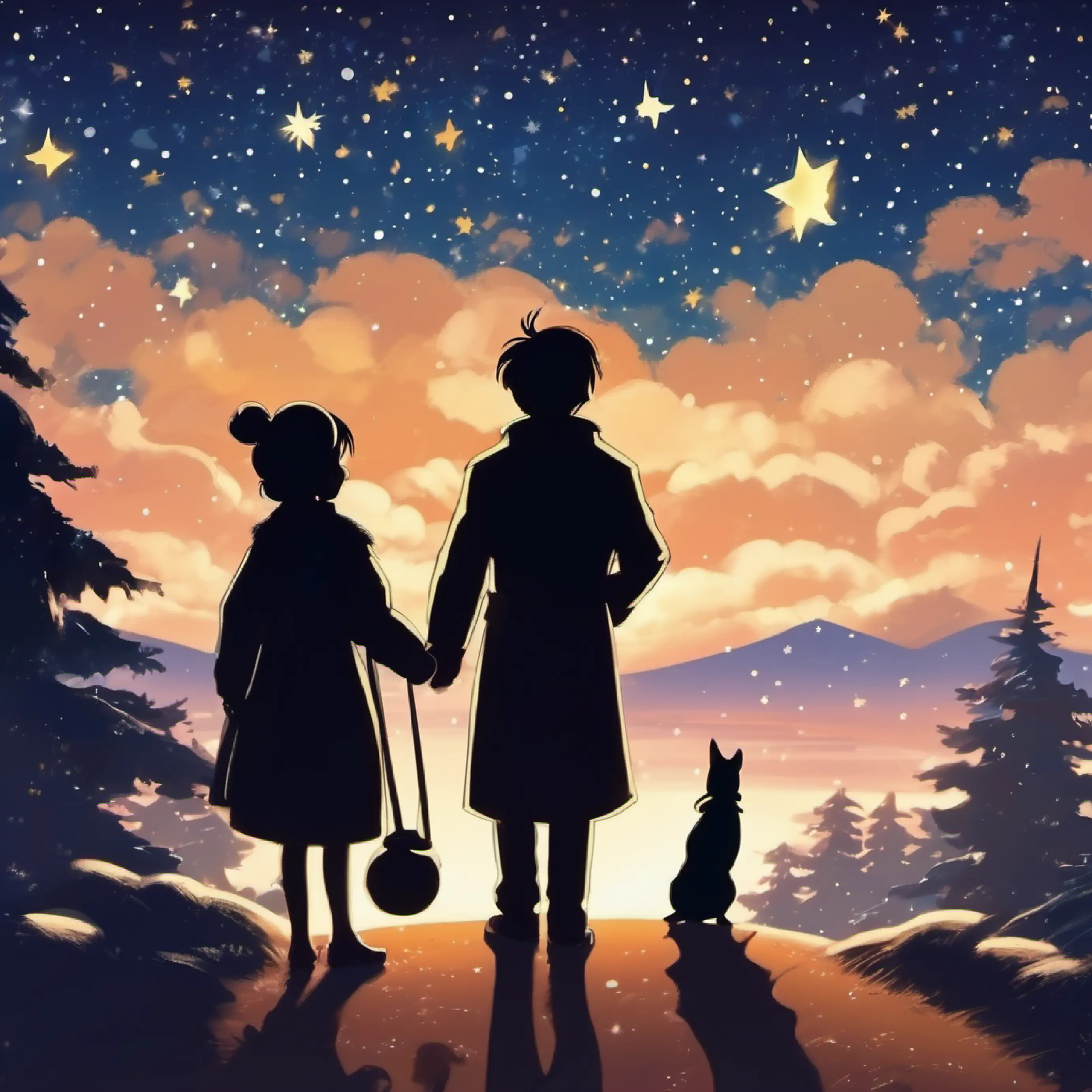 Last scene of mutual recognition, silhouetted against a starry sky