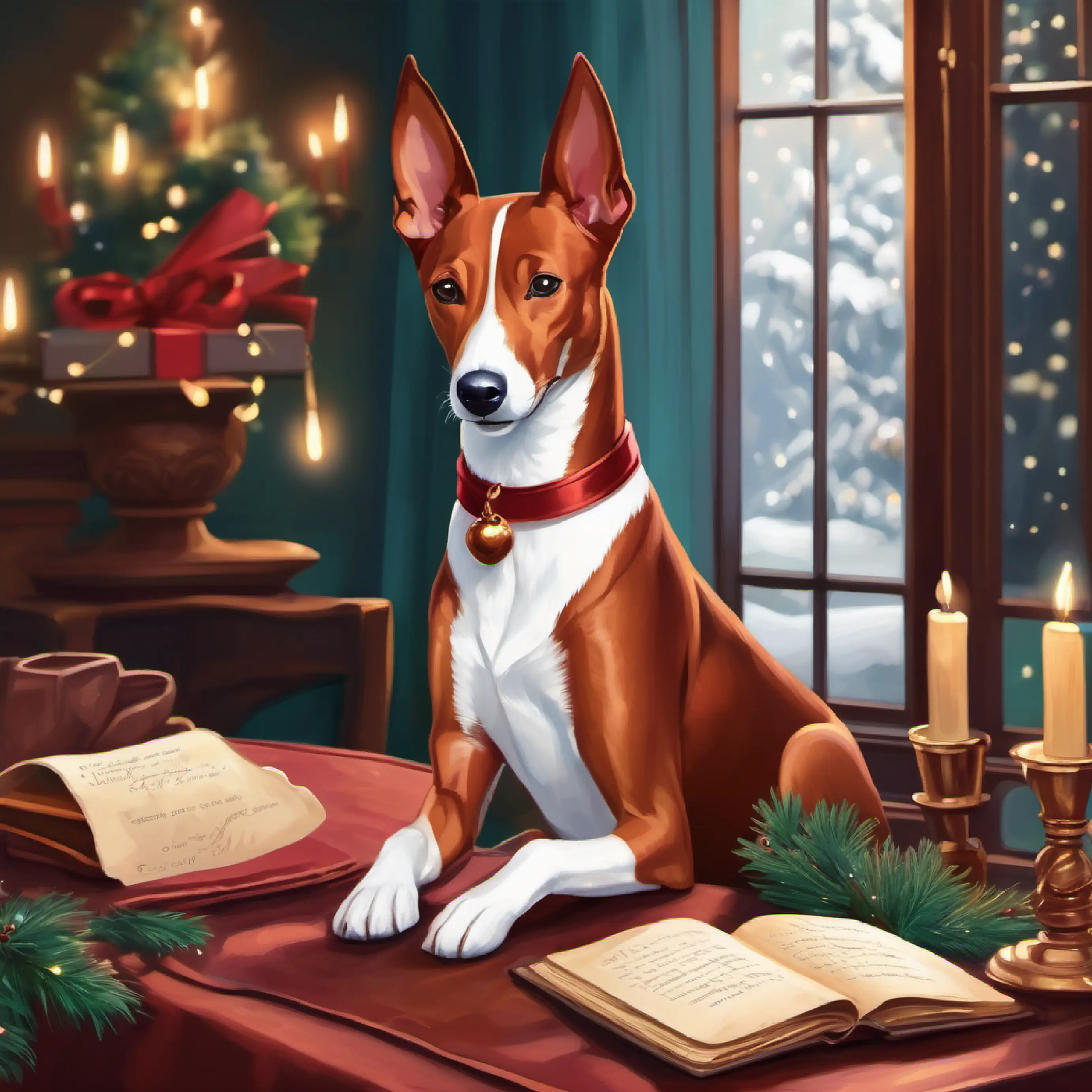 Polished mahogany coat, wise Basenji with kind, comforting eyes crafting a heartfelt letter, filled with kindness and warmth