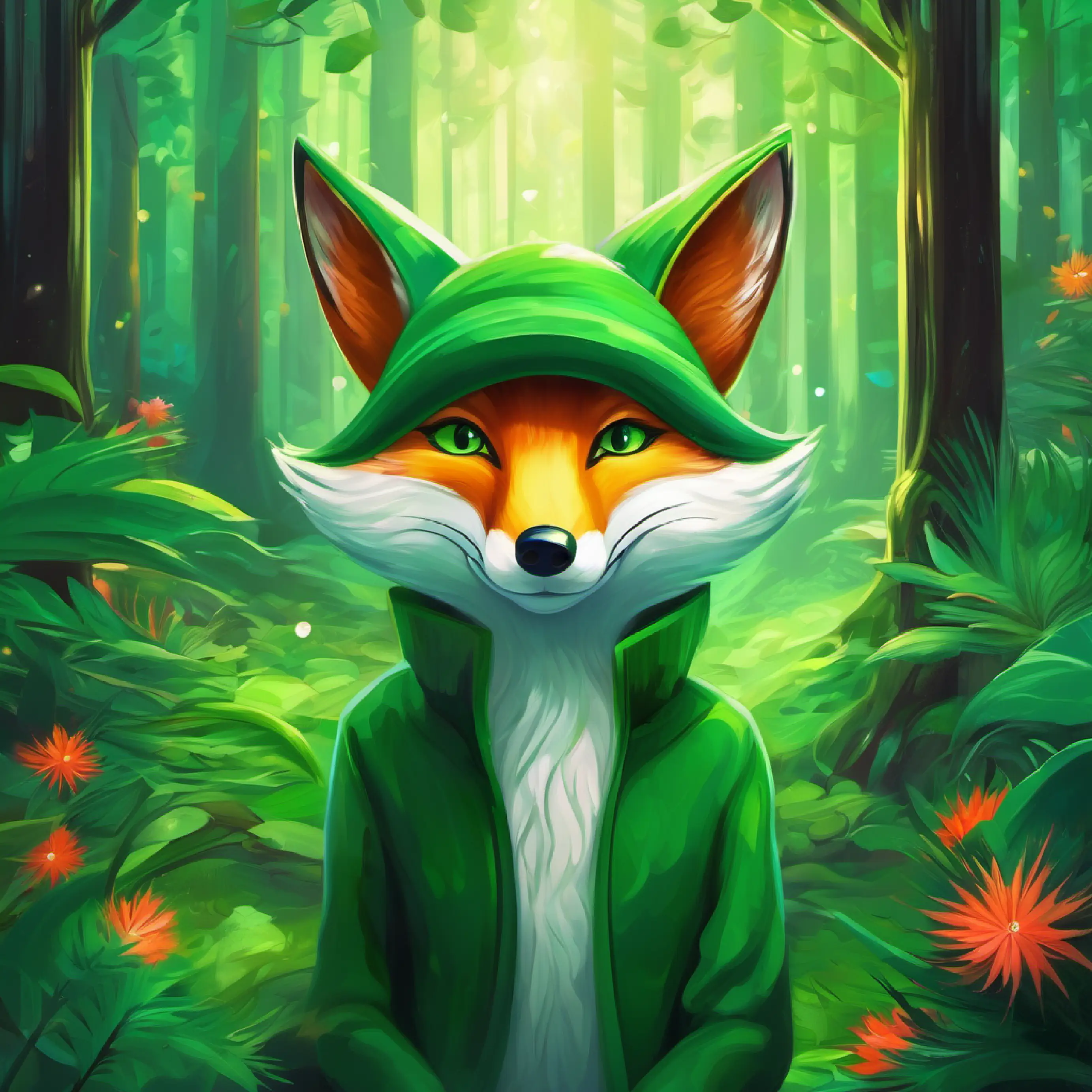 troducing Green Fox, expressive eyes filled with introspection in a fantastical, lush forest setting