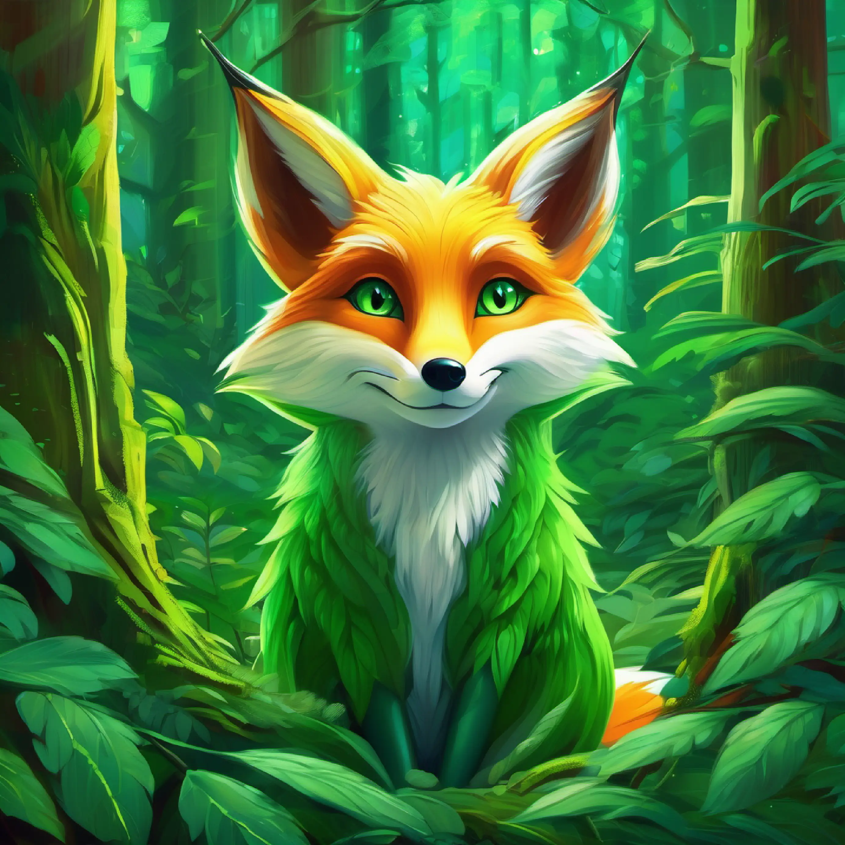 Introducing Green, leafy Fur a green  Fox, expressive eyes filled with introspection in a fantastical, lush forest setting