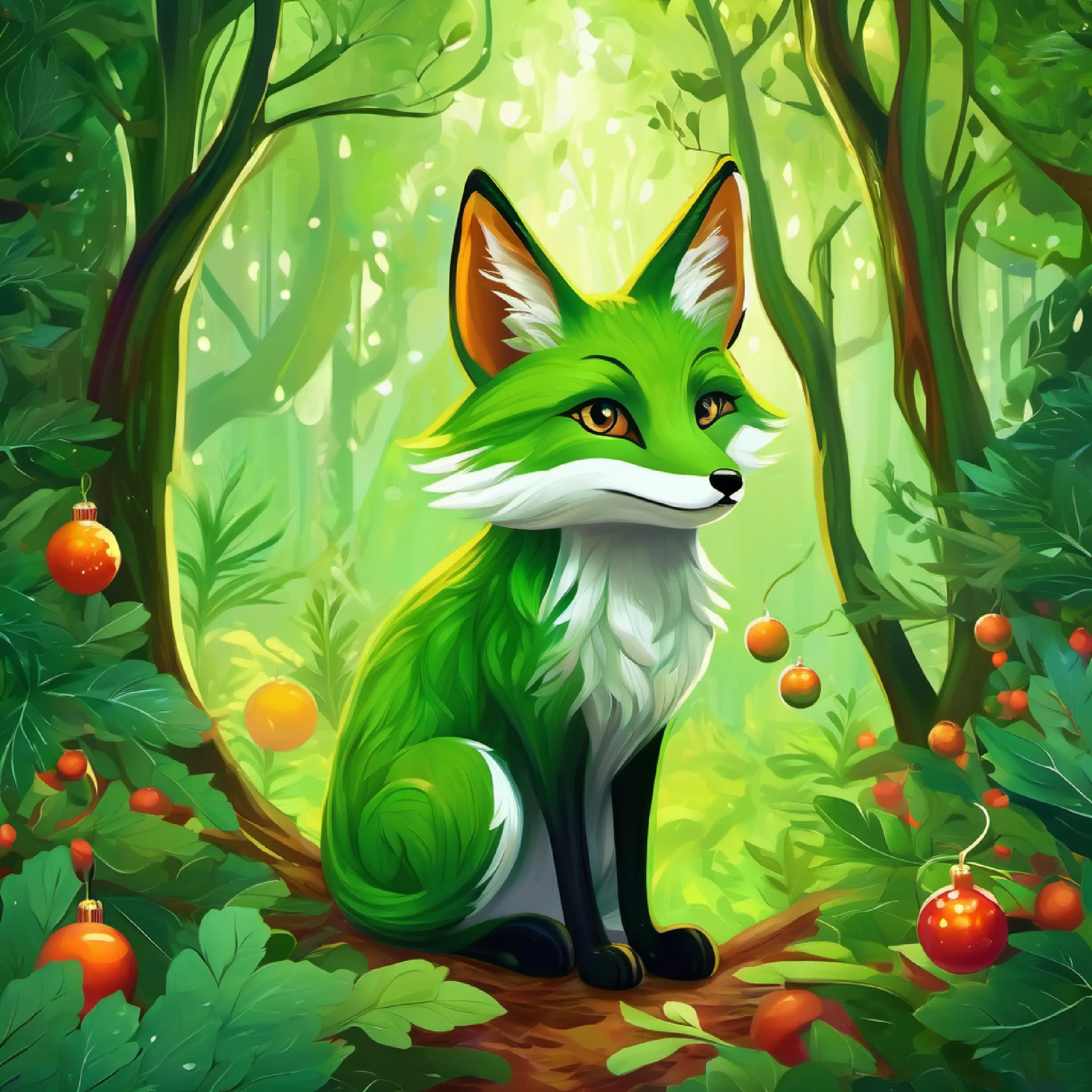 Introducing Green, leafy Fennel Fox, expressive eyes filled with introspection in a fantastical, lush forest setting