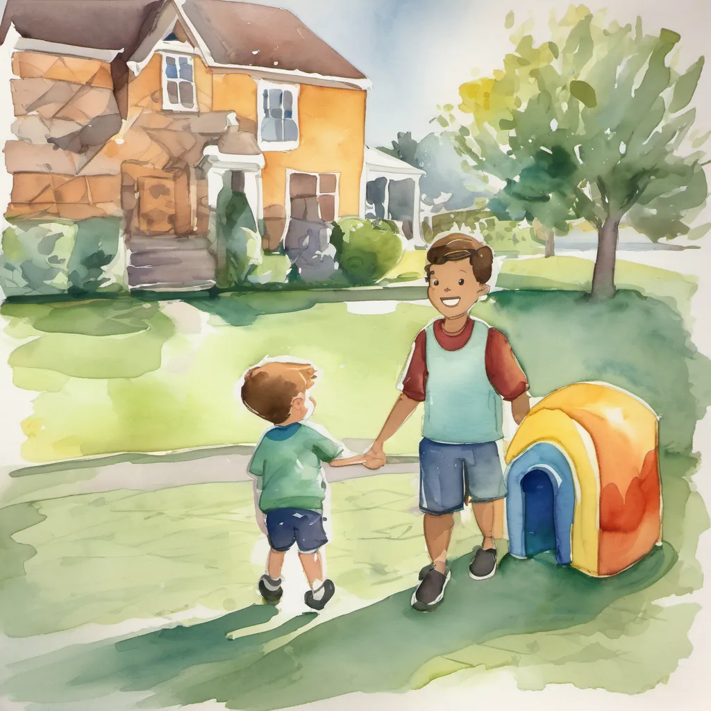 A cartoon drawing of a  boy and his dad with a bouncy house in the background