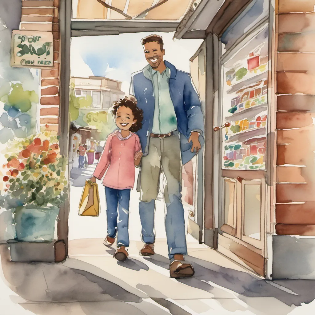 A cartoon drawing of a  boy and his dad leaving a store with a little girl, all smiling