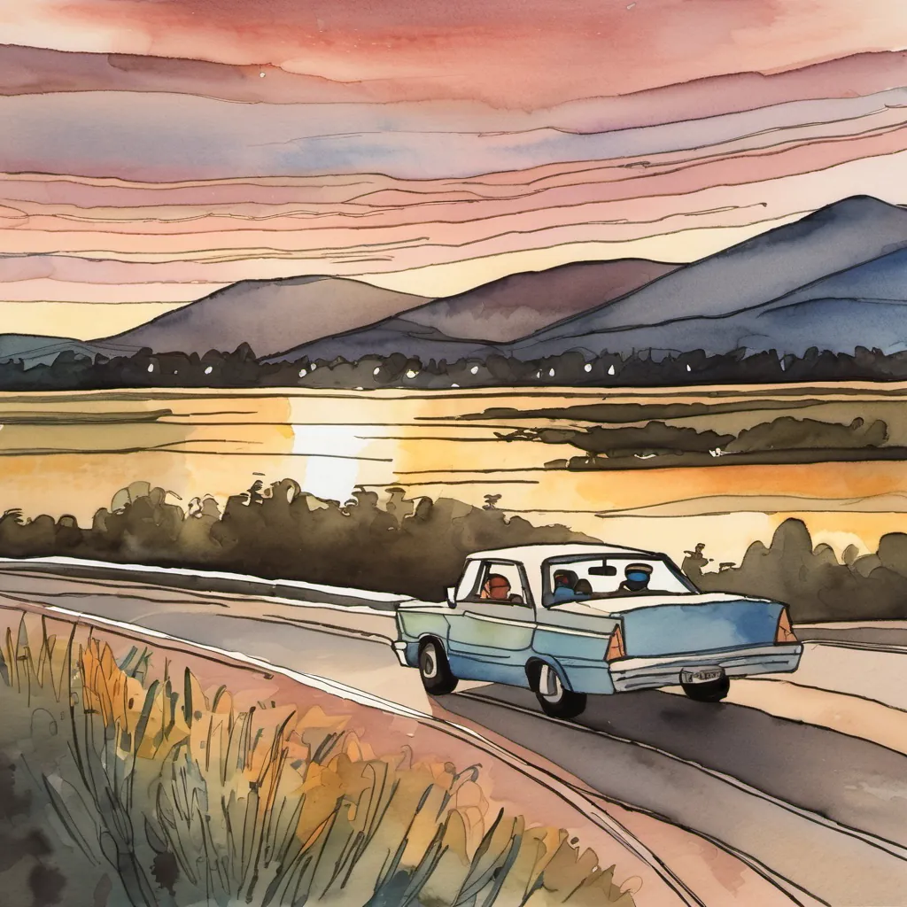 A cartoon drawing of a  boy and his dad driving home in their car at sunset.