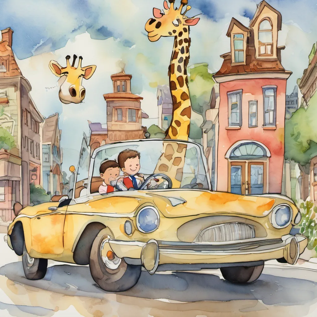 A cartoon drawing of a  boy and his dad driving a car through a town with silly details like a giraffe with a necktie and a cloud shaped like a pancake.