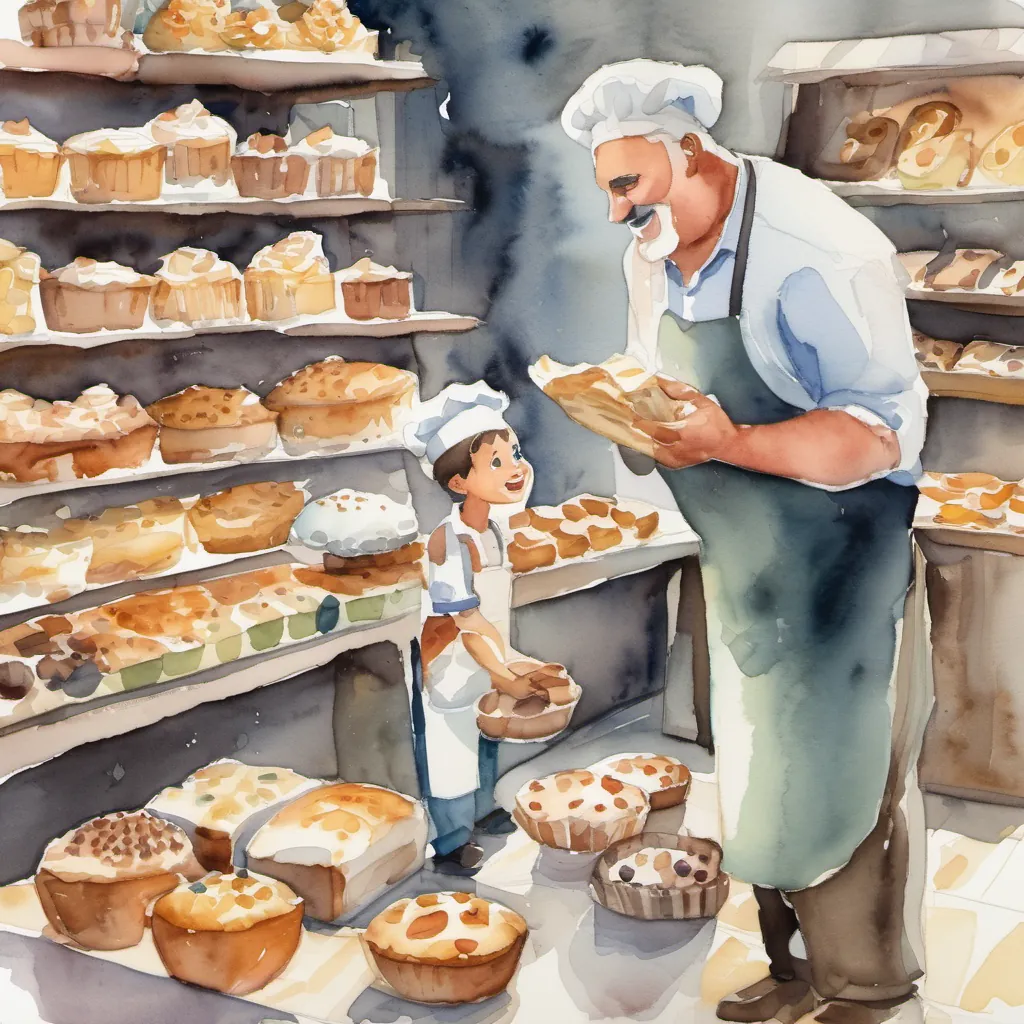 A cartoon drawing of a  boy and his dad talking to a baker in a bakery full of cakes and bread