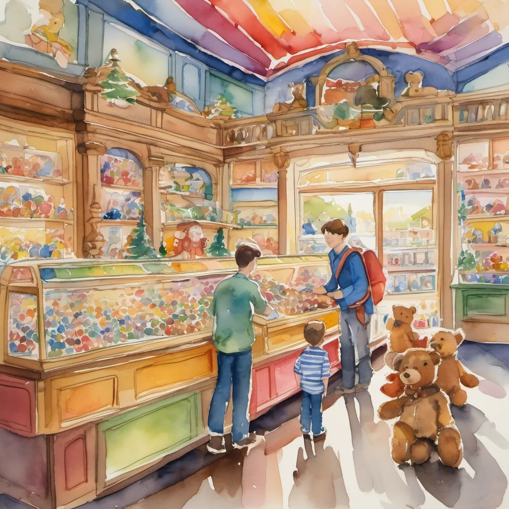 A cartoon drawing of a boy and his dad in a colorful toy store with teddy bears and train sets