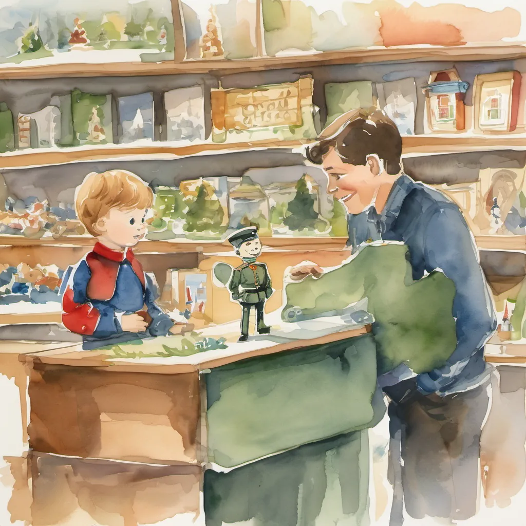 A cartoon drawing of a  boy and his dad talking to a toy soldier in a toy store