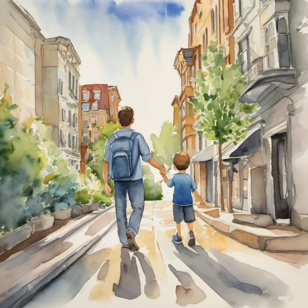 A cartoon drawing of a  boy and his dad walking down a city street