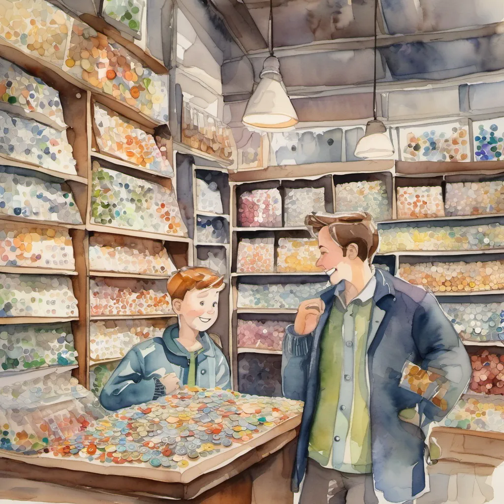 A cartoon drawing of a  boy and his dad in a shop full of buttons with price tags