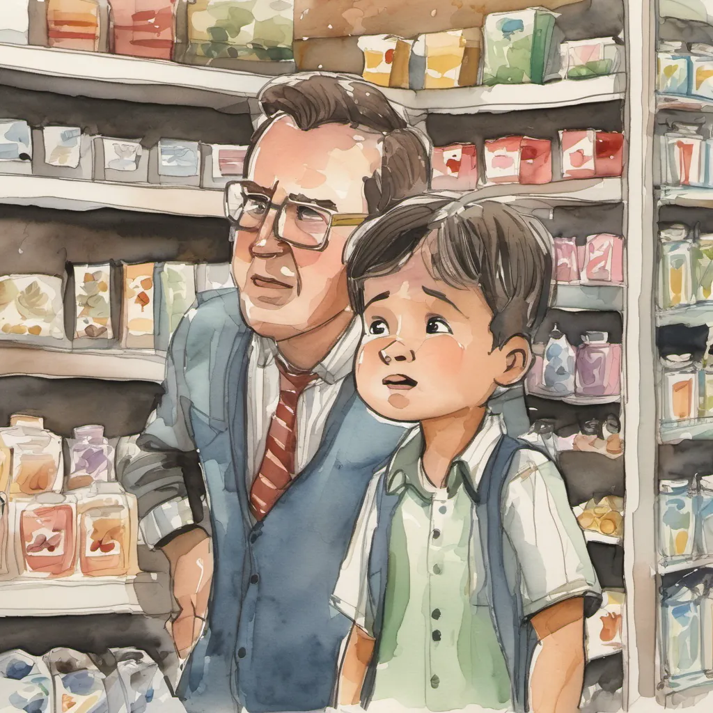 A cartoon drawing of a  boy and his dad noticing a little girl crying in a store