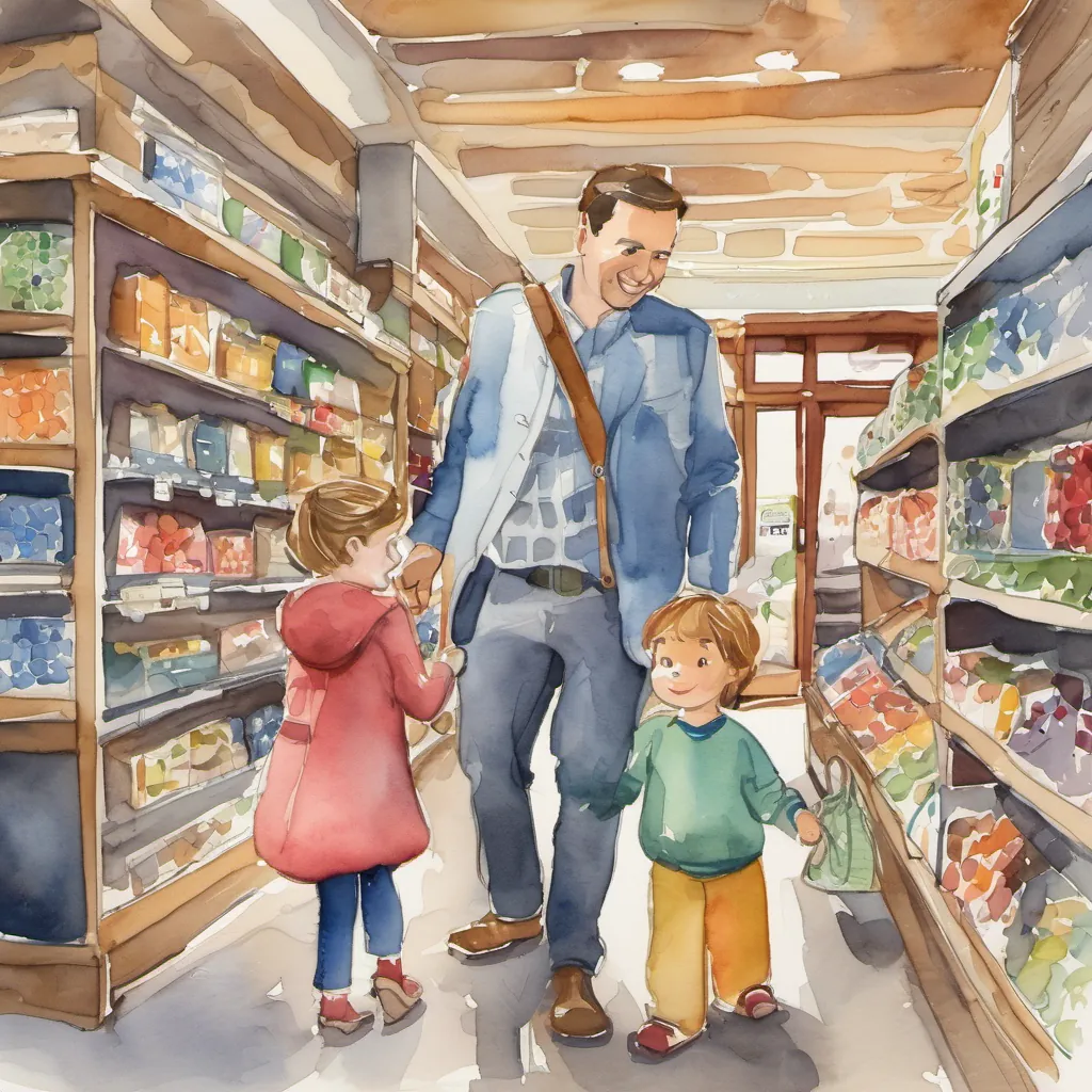 A cartoon drawing of a  boy and his dad helping a little girl find a lost button in a store