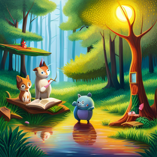 Colorful animals writing quotes in a magical forest