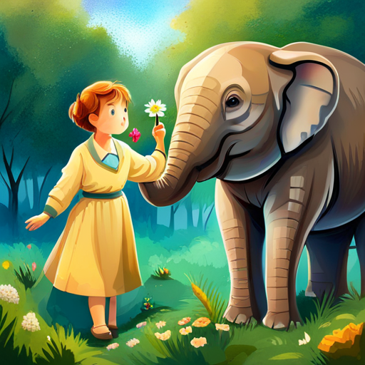 A friendly elephant giving a flower to a bunny