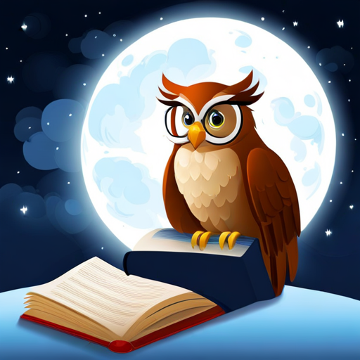 A wise owl reading a book under the moonlight