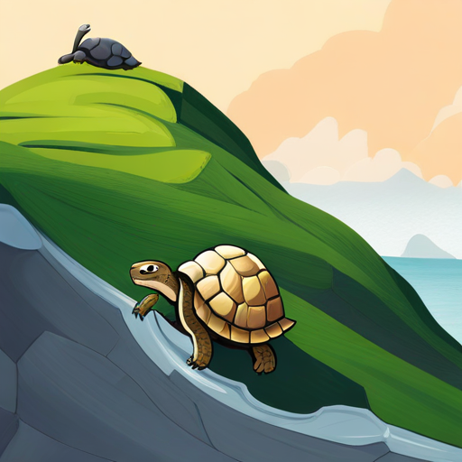 A brave turtle climbing a steep mountain