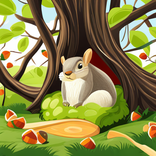 A squirrel collecting acorns in a cozy nest