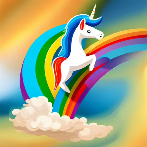A magical unicorn jumping over a rainbow