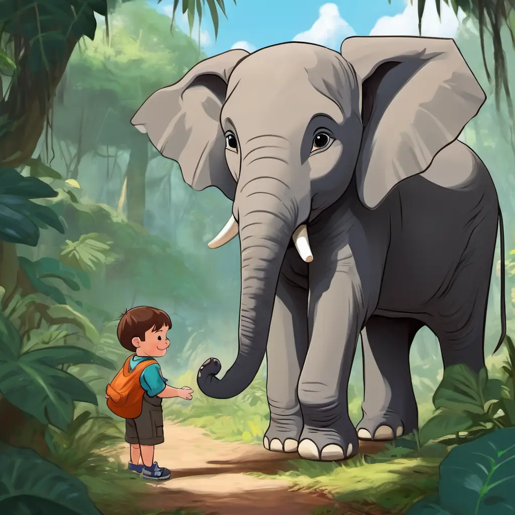 Timmy is a little boy with brown hair and a big smile finds a baby elephant named Ellie is a baby elephant with wrinkled gray skin and kind eyes at the edge of the jungle.